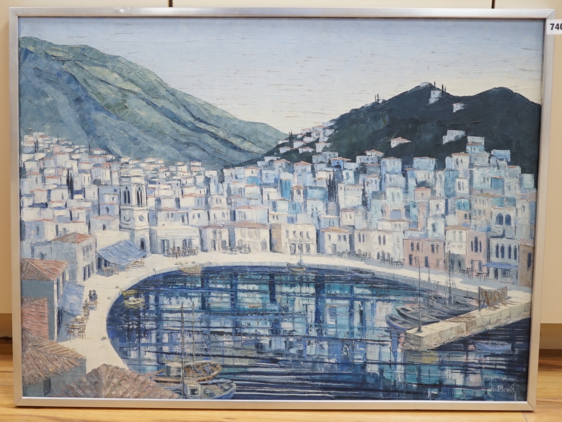 Plant, impasto oil on canvas, Mediterranean harbour scene, signed, 80cm x 60cm
